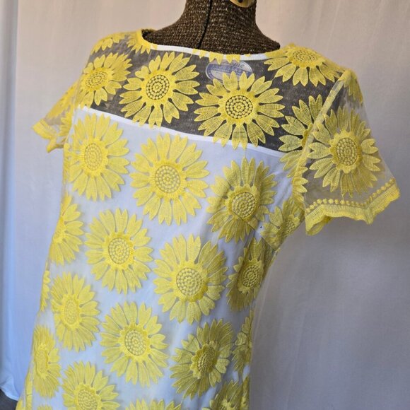 Sz 10 Embroidered Mesh Daisy Dress Yellow White Chiffon - Picture 6 of 13